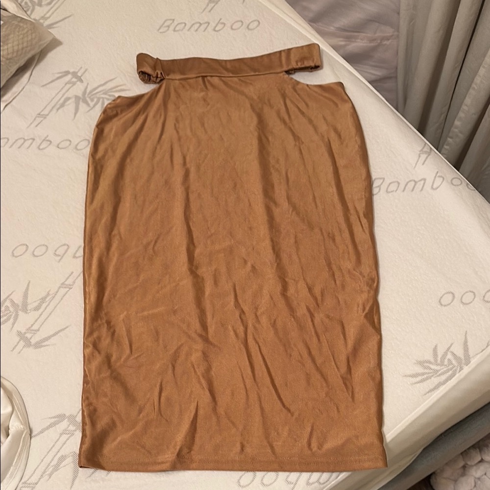 Elegant tan Gold Midi Skirt Cut-Outs Pull-on